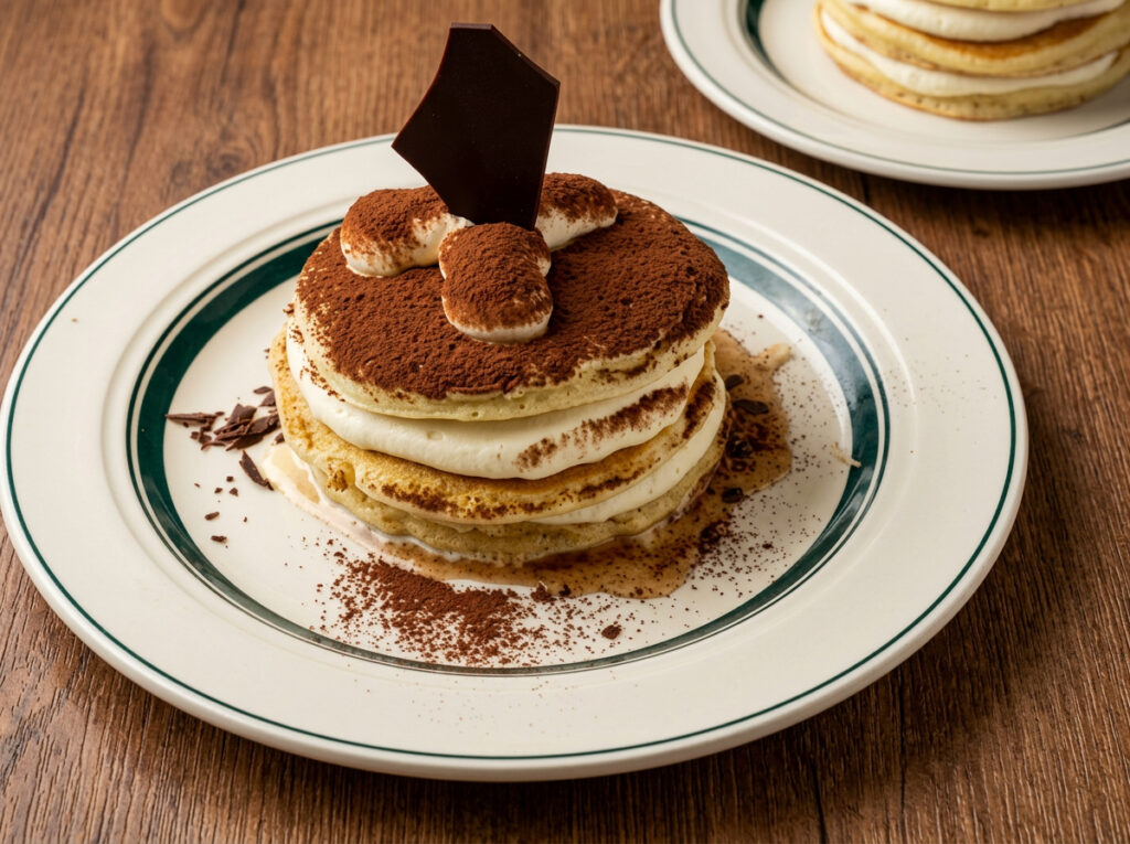 京都・御幸町通のパンケーキ専門店|ふわふわのパンケーキにコーヒーパウダーとチョコレートを添えたティラミス風メニュー