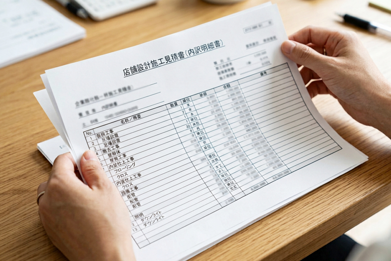 見積書（集計表と内訳明細）をめくっている手元のアップ