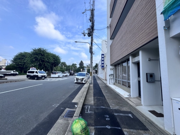 ビルを右手に見た前面歩道。通りの向かい側に広がる樹木