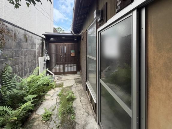 右に型板ガラスのアルミ引き戸と板張りの外壁が続き、左にはシダと苔が生えた通路がある。奥に格子戸が見える