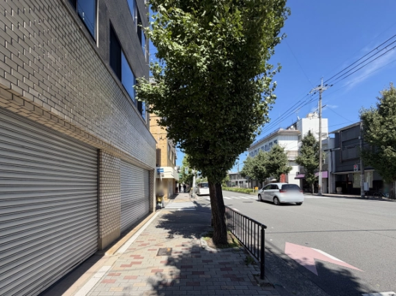 建物沿いの歩道から通りの先を望む眺め。左にシャッターの下りた1階、右にイチョウの街路樹と車道