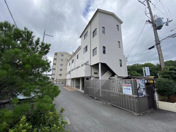 敷地内の通路から見上げた、個室貸事務所が入る白い建物と外階段。手前左に松の植栽、右側に看板を掛けた門扉がある