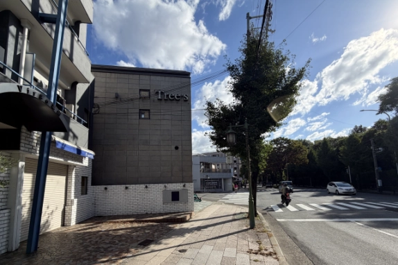 「Tree's」の文字が入った濃いグレーの側面外壁と白いレンガの腰壁。街路樹と街灯が並ぶ歩道沿いからの眺め