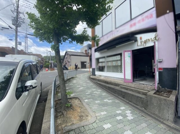 建物前の歩道と1階店舗の入口まわり。街路樹とピンクの枠の扉、入口前の段差