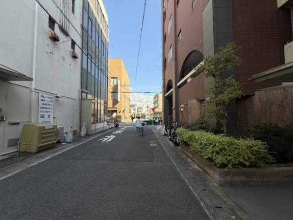 建物を右手に見た側道。外壁沿いの植栽と向かい側の建物、奥の交差点