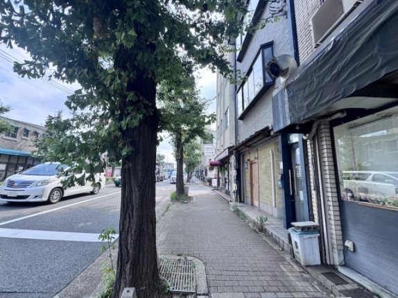 衣笠第7ビル前の歩道。手前の街路樹と右側に続く店舗の並び