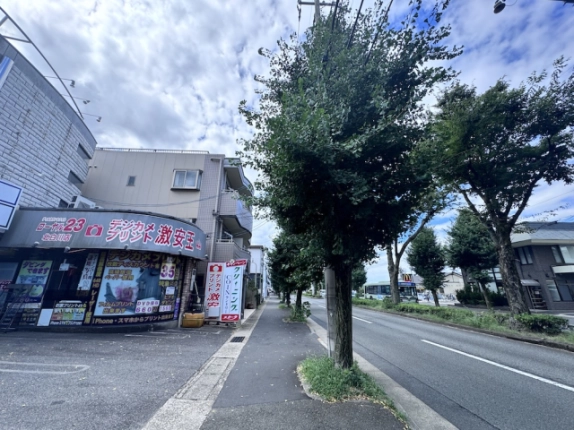 建物を左手に見た前面歩道。街路樹の列と道路向かいの街並み