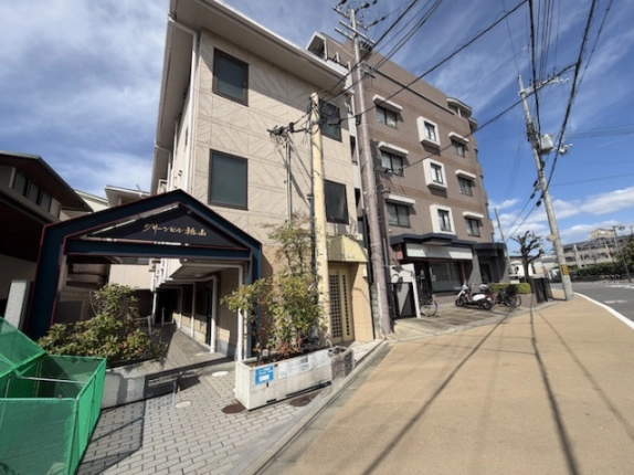 コーポ鍋島と周辺の建物を斜めから見た様子。建物前から右奥へ続く道路